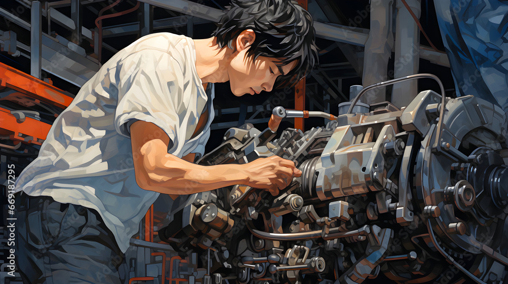 Young man fixing machine in a workshop with tools around Young man fixing machine in a workshop with tools around