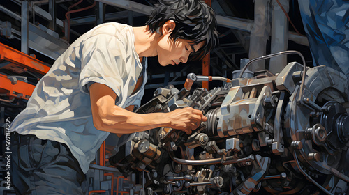Young man fixing machine in a workshop with tools around
