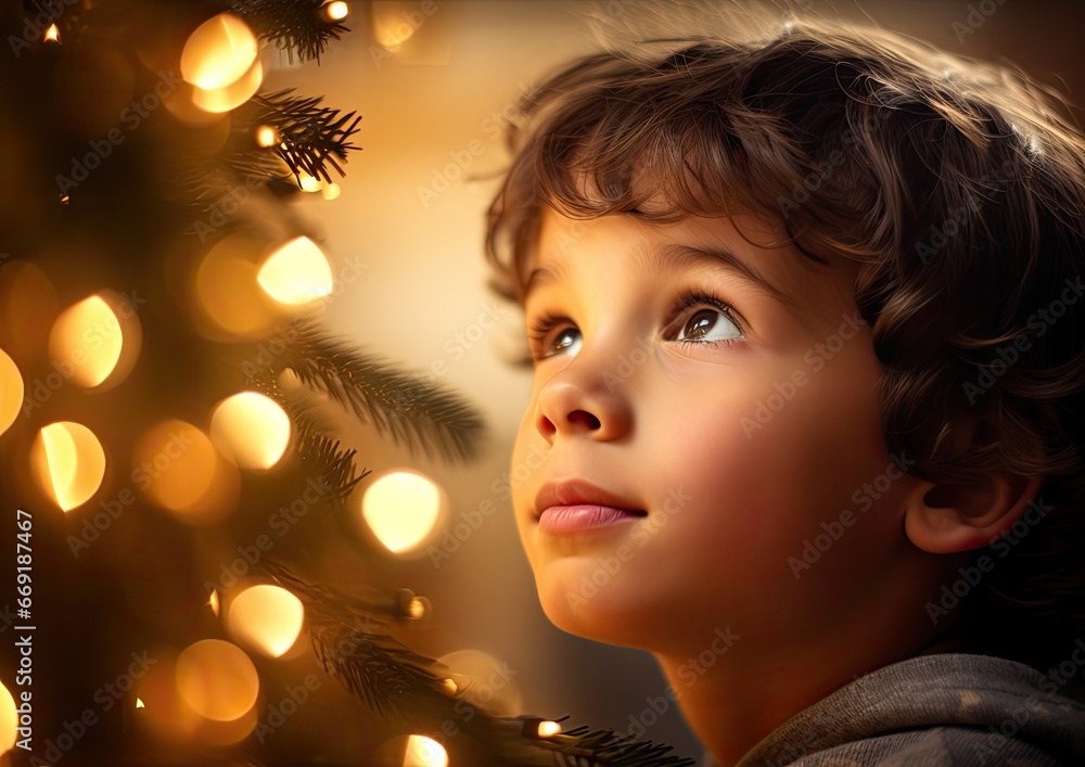 A close-up shot of a child's face, filled with wonder as they gaze at a beautifully lit Christmas tr A close-up shot of a child's face, filled with wonder as they gaze at a beautifully lit Christmas tr