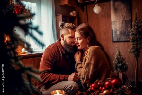 couple in love hugging in the room near the Christmas tree