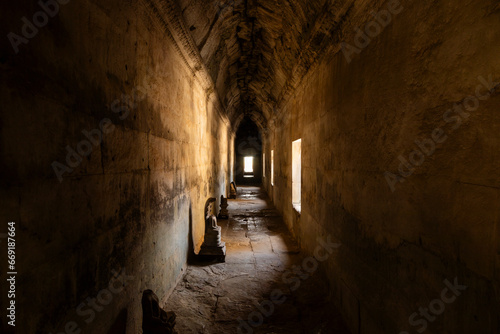 Ancient and mysterious passageway and vault in one of the temple areas of Angkor Wat in Cambodia, near Siem Riep.