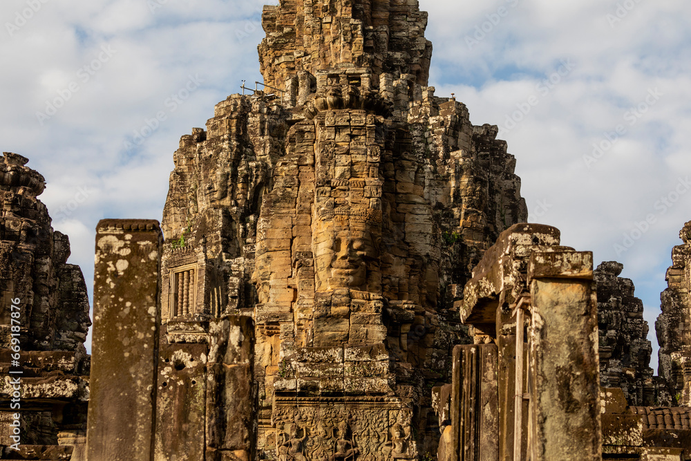 Detail of the central area of Bayon Temple with faces carved in stone, Angkor, Cambodia