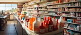 panorama of medicine shelves in drug store and pharmacy background