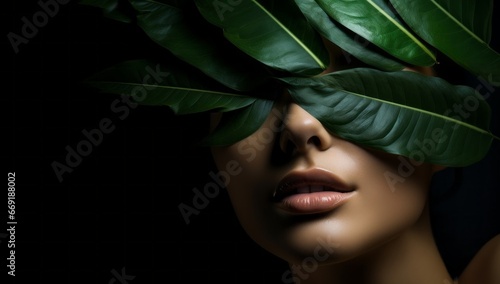 Beautiful woman with a green leaf over her face, bright cosmetic makeup, facial skincare