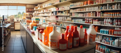 panorama of medicine shelves in drug store and pharmacy background