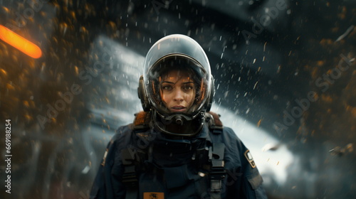 Sci-fi woman soldiers with futuristic space protective suit, expression of fear in fight battle, woman fantastic hero