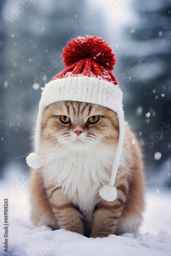 Cute cat in a hat on a Christmas background