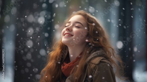 Young girl rejoices at first snow, catches snowflakes with her mouth. First day of winter, portrait of girl on background of falling snow