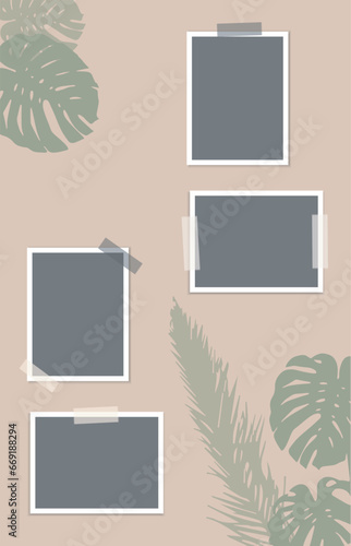 Set of black photo frames with duct tape on beige tropical background. Palm and monstera leaves. Floral wallpaper design. Template for greeting cards, stories posts, poster, banner. Vector mockup. 