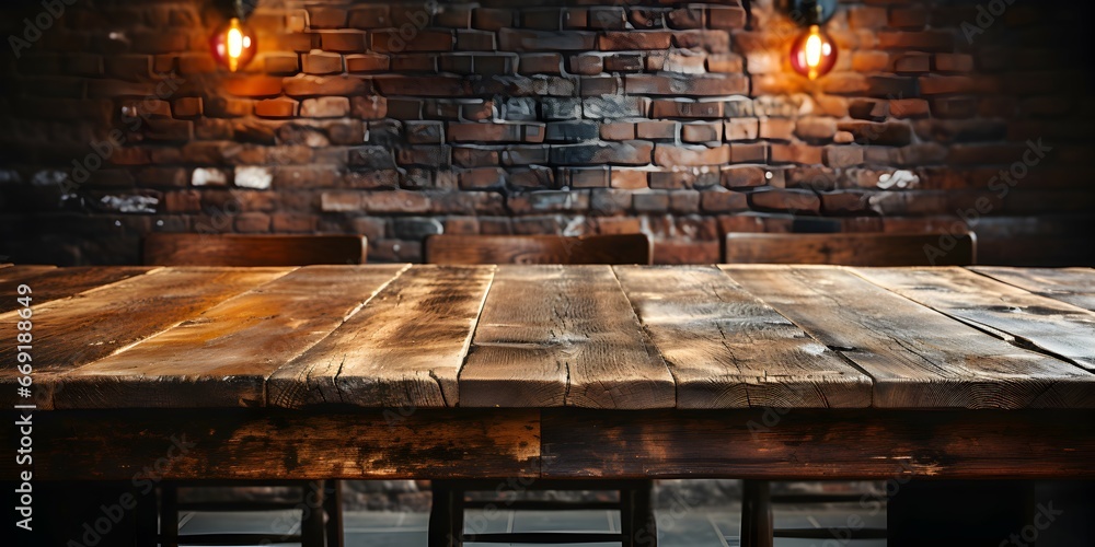 empty wooden table with dark brick wall background