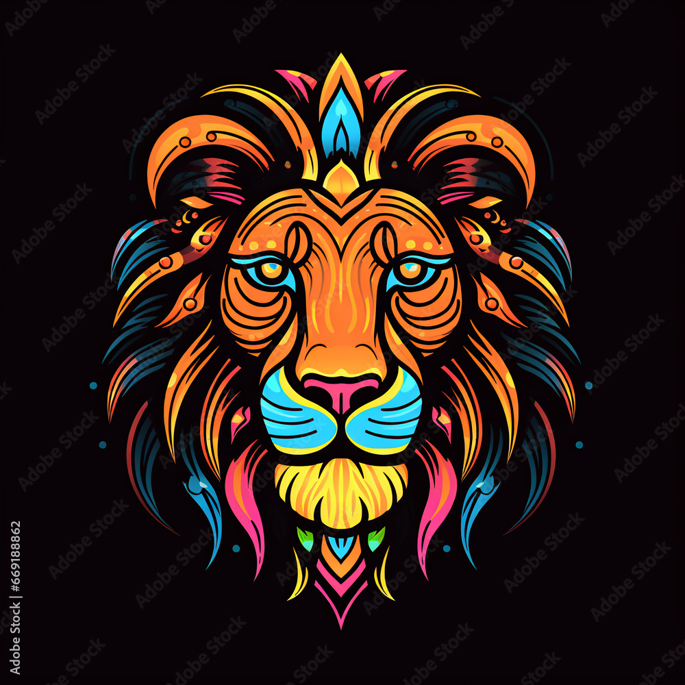 Neon Colored, Stylized Flat Line Lion Icon in Cartoon Style on Black Background