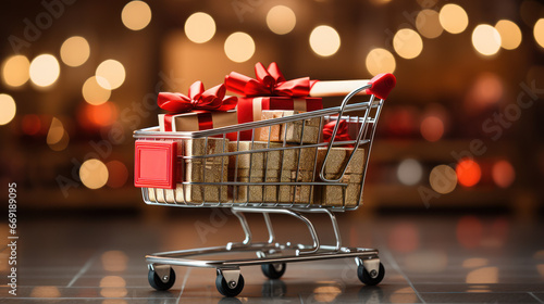Festive Shopping Cart Overflowing with Gifts. Generative AI