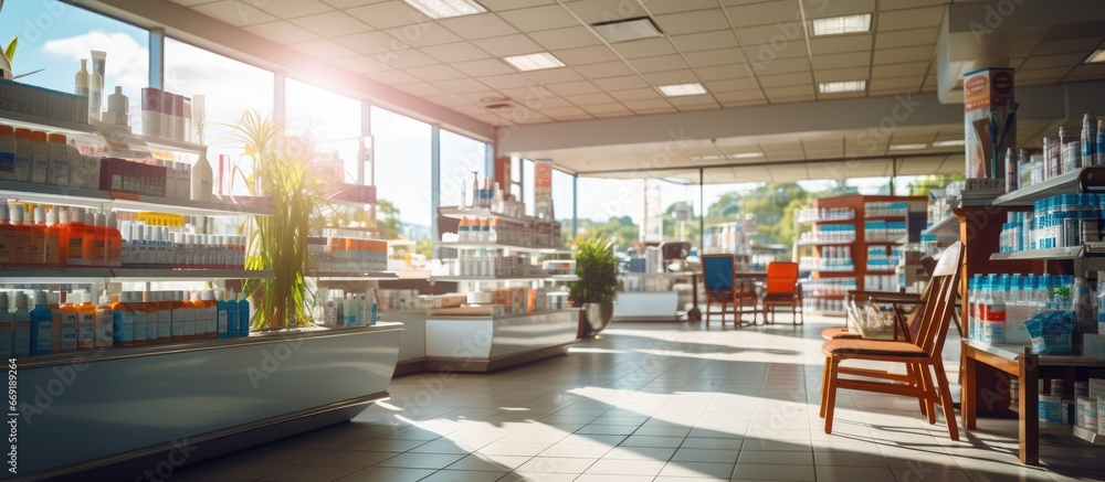 panorama of medicine shelves in drug store and pharmacy background