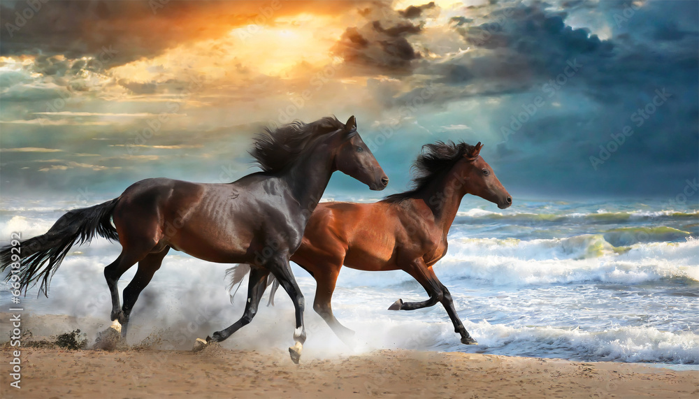 horse galloping on the beach at sunset. horse galloping on the beach at sunset.