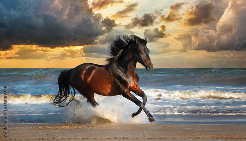 horse galloping on the beach at sunset.