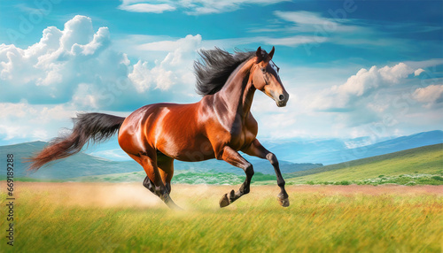 Beautiful  horse galloping on meadow under blue sky with clouds