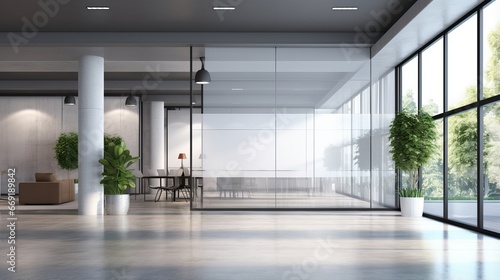 contemporary office corridor interior with mock up white billboard, glass doors, and modern furniture on concrete floors - architectural and design concept