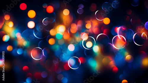 Blurry confetti, water bubbles, bokeh lights, multicolored blurry light, depth of field, abstract background, multicolor, rainbow, haze, city lights, christmas light, soap bubbles