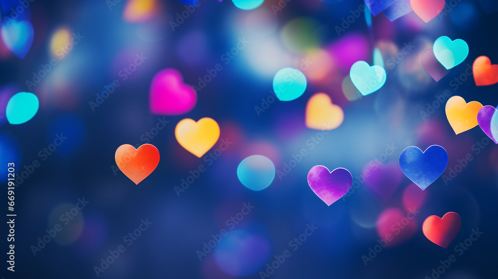 heart shaped bokeh, blurry heart background, romantic, valentine's day, depth of field, heart shaped multicolored lights, haze, rainbow, blurred background