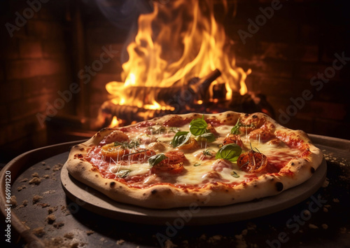 Oven baked traditional classic italian pizza with cheese and tomato and flame background from stone oven.Macro.AI Generative