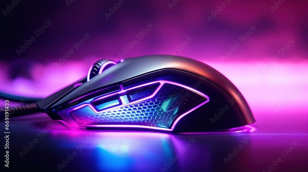 A wireless gaming mouse with color illumination on a glass tabletop, purple-black with depth of field, created with Generative AI technology. - obrazy, fototapety, plakaty 