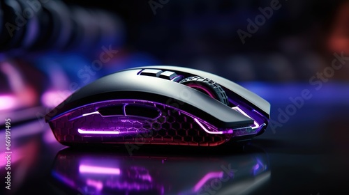 A wireless gaming mouse with color illumination on a glass tabletop, purple-black with depth of field, created with Generative AI technology.