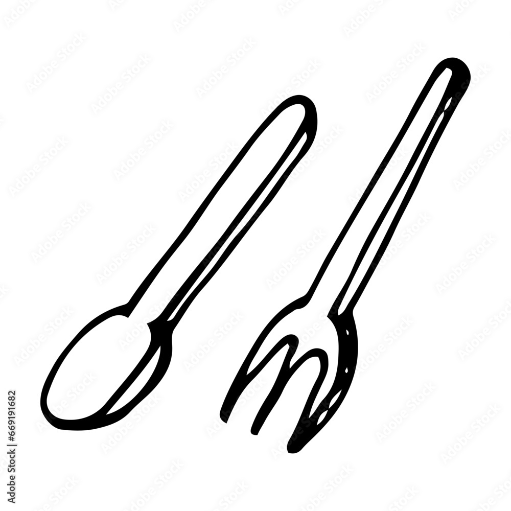 Spoon and fork sketch. Cutlery. Cookware. Hand drawn illustration. Spoon and fork sketch. Cutlery. Cookware. Hand drawn illustration.