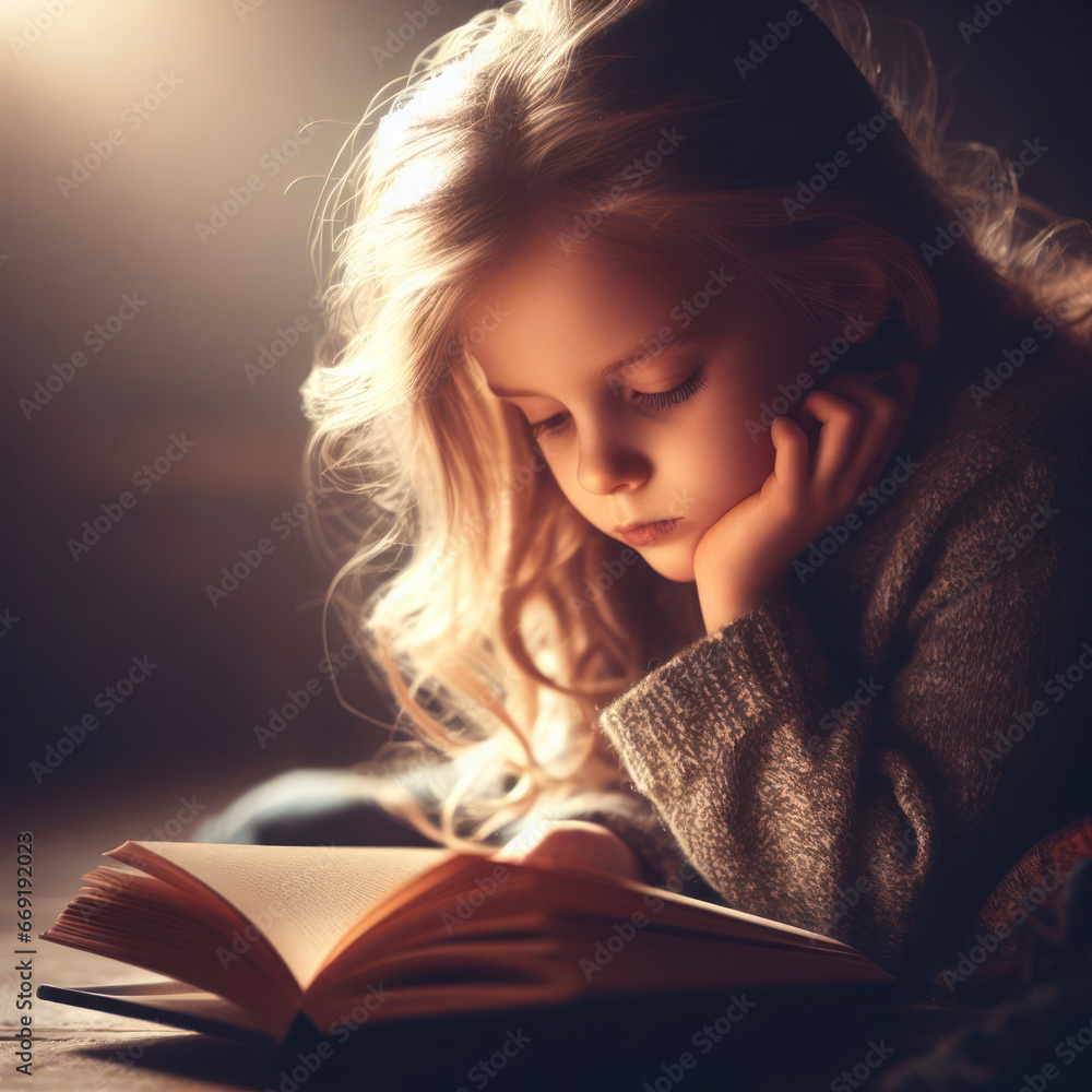 A young girl engrossed in a book. ai generative A young girl engrossed in a book. ai generative
