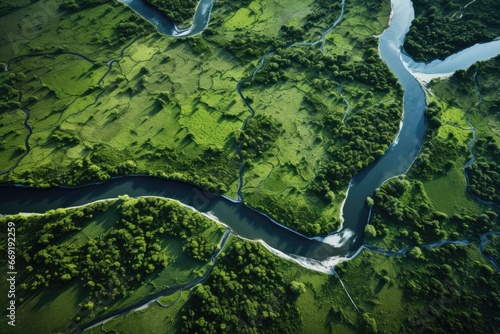 Aerial view of a meandering river through lush green fields.