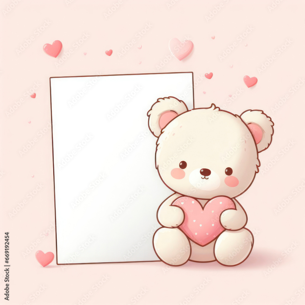 Cute teddy bear with white card and red heart pastel background. ai generative Cute teddy bear with white card and red heart pastel background. ai generative