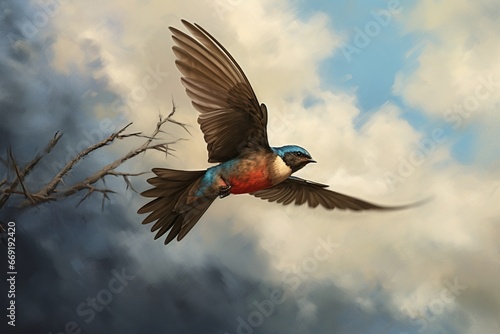 Write about a swift swallow darting through the sky, perching briefly on a branch © Muhammad