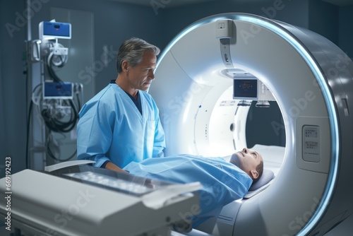 Doctor using advanced machinery for medical imaging diagnostics. photo