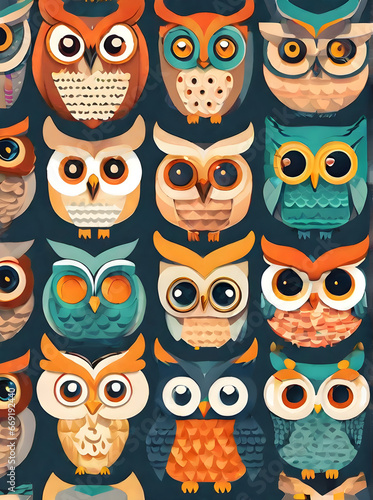 Painted owls on vintage flat background knolling.