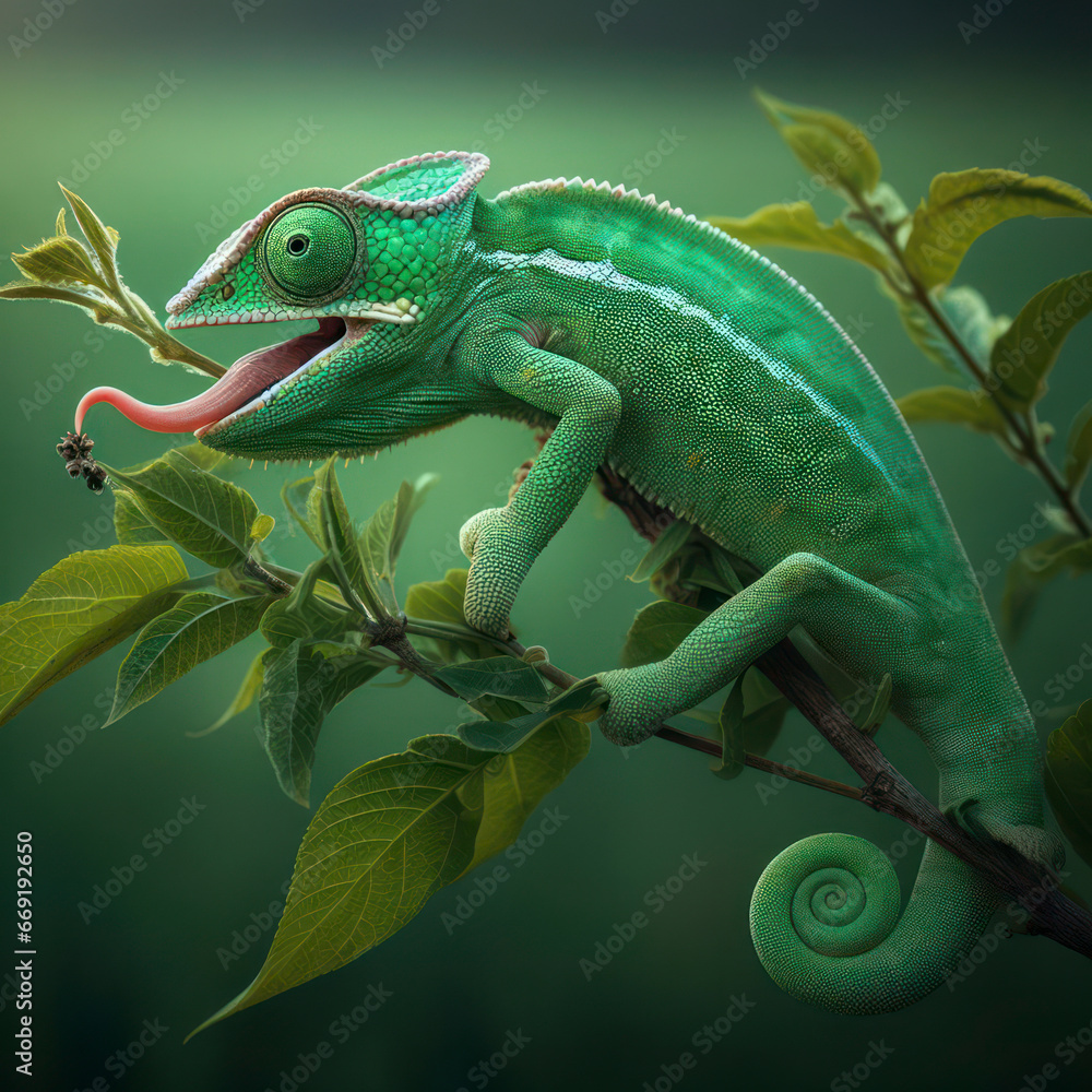 Fototapeta premium Green colored chameleon on stem. ai generative