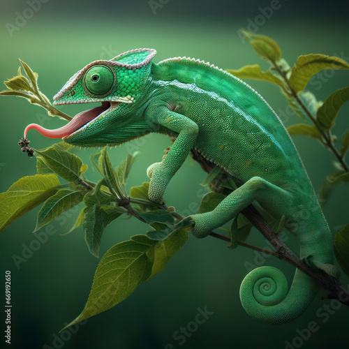 Green colored chameleon on stem. ai generative © Igor