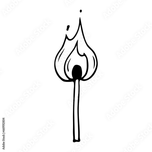 Match burning with fire sketch. Incendiary device. Hand drawn illustration.