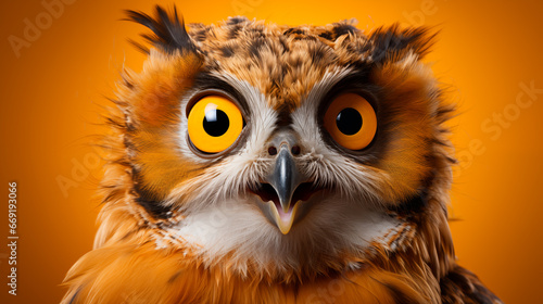 portrait of a surprised owl on a yellow background, banner for sale or advertising, promo action 