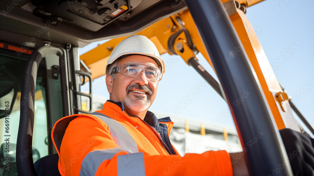 Smiling middle aged caucasian worker in overall and with helmet on head driving excavator.
Smiling middle aged caucasian worker in overall and with helmet on head driving excavator.