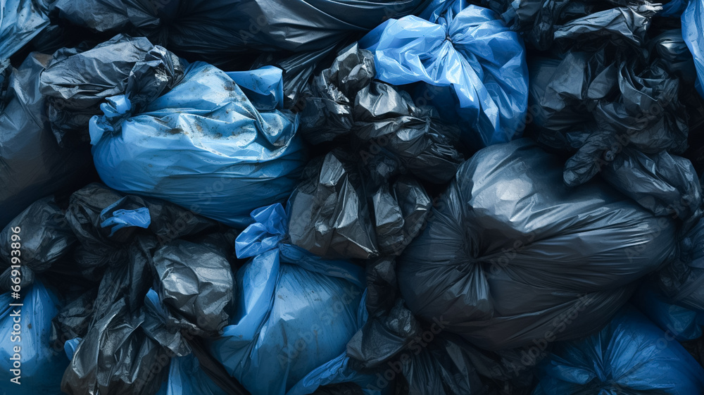 Plastic place blue and black recycling bags. Trash bag's surface as a backdrop texture composition.
