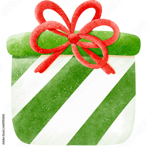 Watercolor green and white gift with red bow ribbon illustration