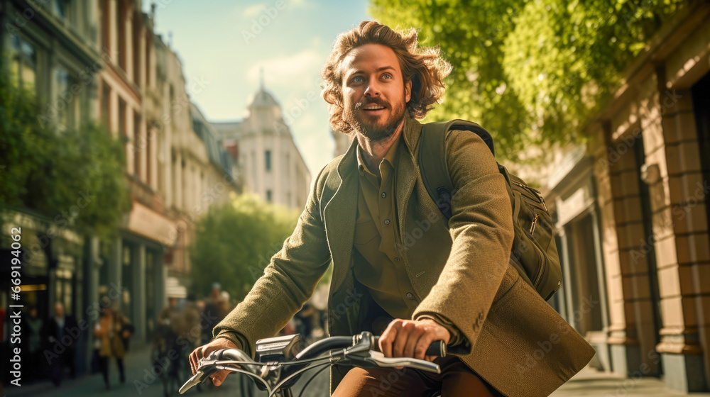 Young business man riding a bike through a city.