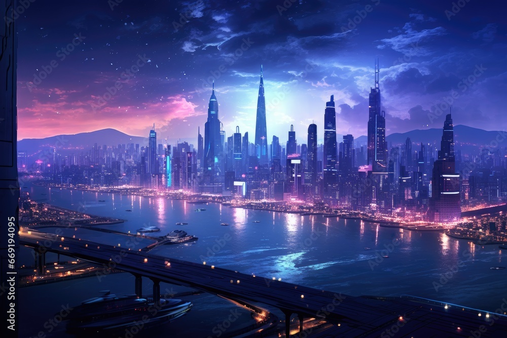 Futuristic cyberpunk cityscape at night.