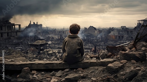 lonely boy in the destroyed city after the war photo