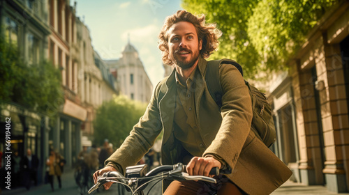 Young business man riding a bike through a city.