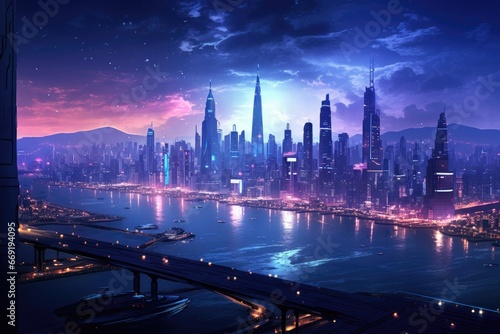 Futuristic cyberpunk cityscape at night.