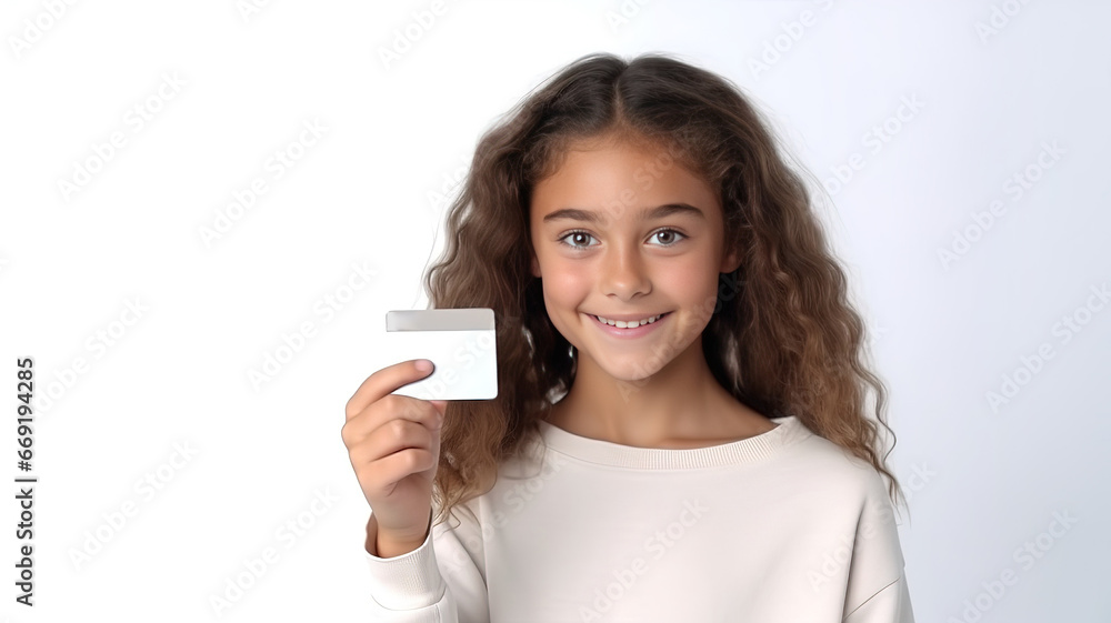 Little smiling happy curly cheerful caucasian kid girl 10-13 years hold credit bank card isolated on white background studio. People Childhood lifestyle concept. ai. Little smiling happy curly cheerful caucasian kid girl 10-13 years hold credit bank card isolated on white background studio. People Childhood lifestyle concept. ai.