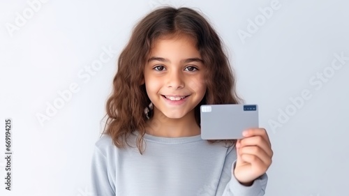 Little smiling happy curly cheerful caucasian kid girl 10-13 years hold credit bank card isolated on white background studio. People Childhood lifestyle concept. ai.