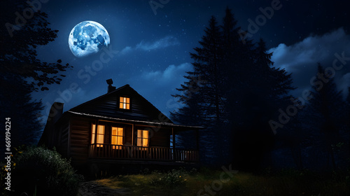 Night vision camera photo of a wooden house in a full moon night © Jason