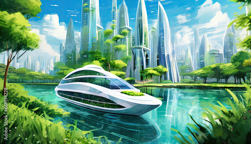 A brightly colored, futuristic white metropolis on a boat floating in a lush green environment. photo