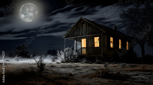 Night vision camera photo of a wooden house in a full moon night